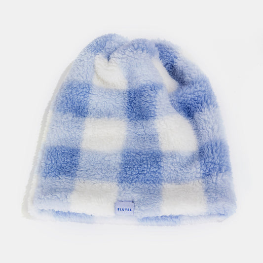 BLUYEL Light Blue Plaid Pattern Coral Fleece Beanie